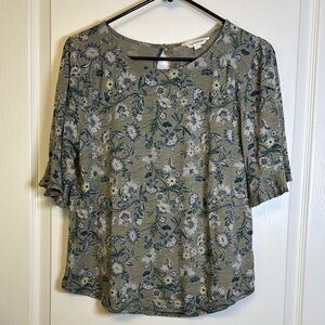 Lucky Brand Short Sleeve Floral Green Blue Blouse Size Small EUC #2573